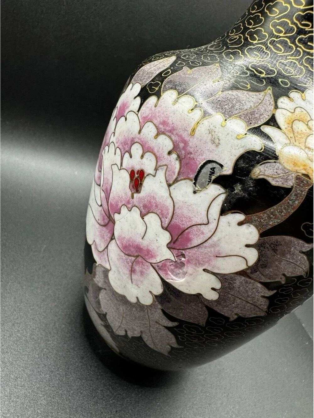 Vintage Brass And Cloisonne Vase China - 8” Flowers Butterfly - Pink & Yellow
